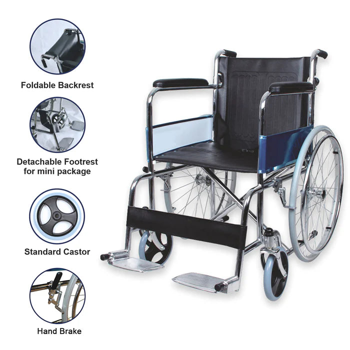 Standard Wheelchair – Durable Chromed Steel Frame with Fixed Armrests and Footrests