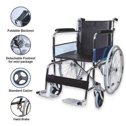 Standard Wheelchair – Durable Chromed Steel Frame with Fixed Armrests and Footrests